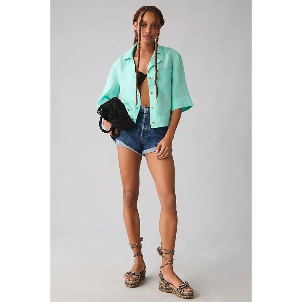 Maeve Linen Buttondown Surf Shirt Teal Linen Boxy Button Down Size XLarge